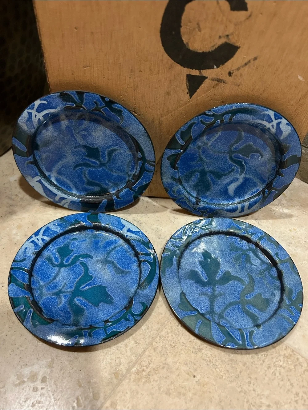 vintage handmade enamel on copper decorative Blue Drink Coaster Set of 4